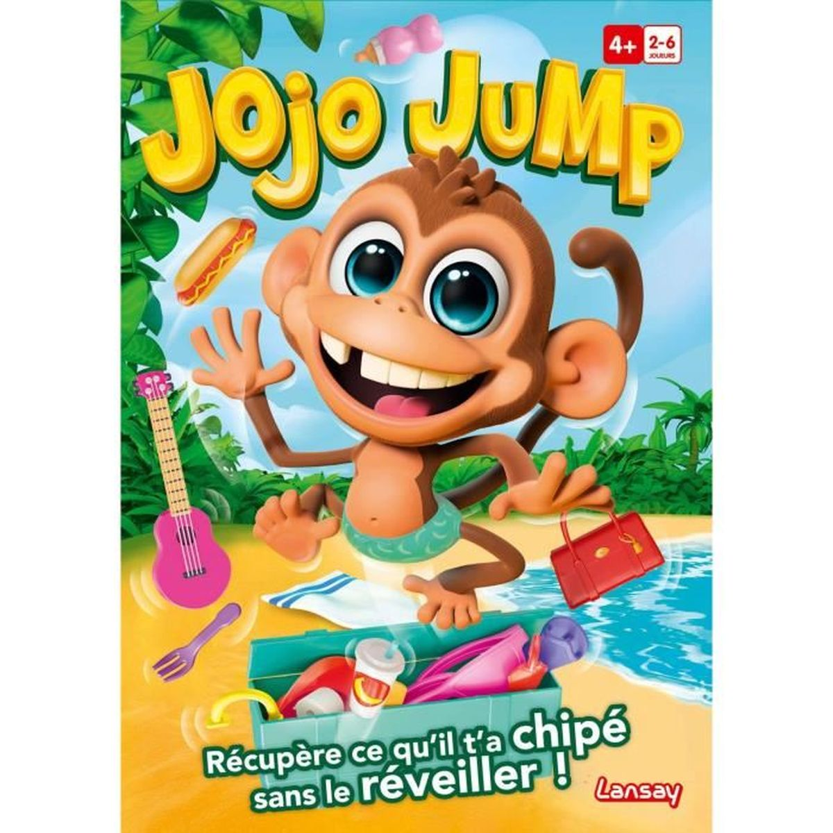 Ein Spielkarton mit einem Zeichentrickaffen. Der Titel lautet 'Jojo Jump'. Er hat einen Affen mit einem breiten Lächeln und mehrere Objekte darum herum.