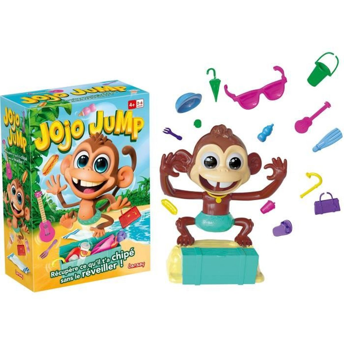 Ein Affenspiel mit Zubehör. Auf der Box steht 'Jojo Jump'. Es gibt eine Affenfigur und Spielteile wie Sonnenbrillen.