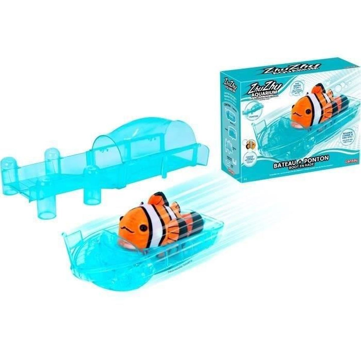 Ein Spielzeug-Clownfisch in einem blauen Boot. Im Hintergrund befindet sich eine Schachtel mit demselben Spielzeug und einer blauen Strecke.