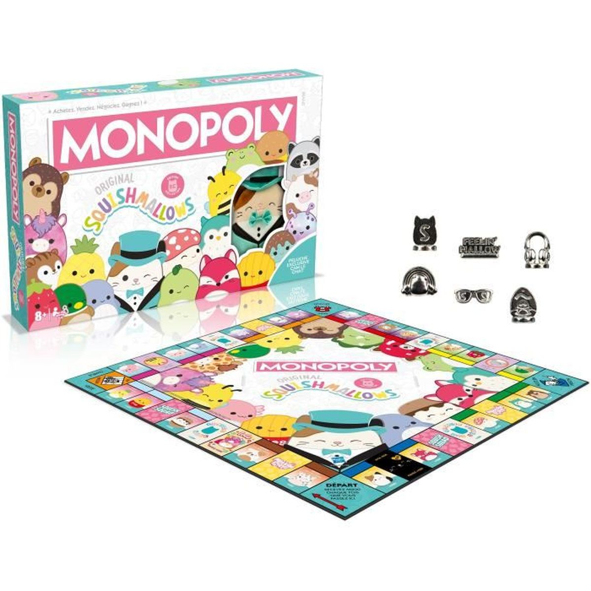 Gioco da tavolo Monopoly con personaggi Squishmallows. Include tabellone, scatola e pedine. Design colorato con vari personaggi Squishmallow.