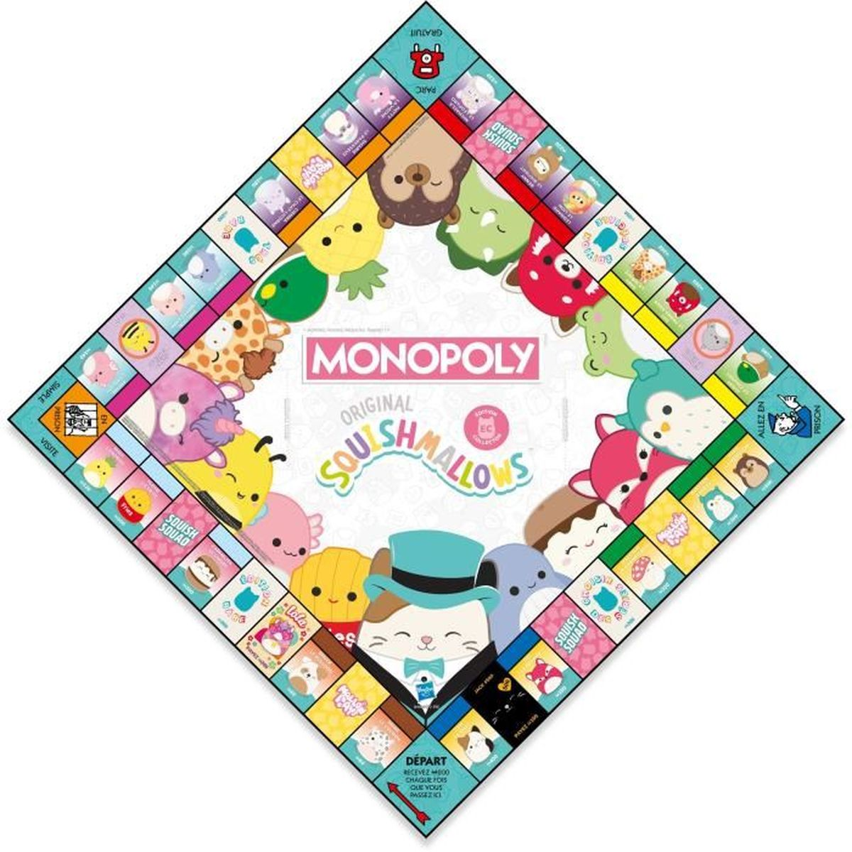 Gioco da tavolo Monopoly con personaggi Squishmallows. Il tabellone è a forma di diamante con vari spazi e illustrazioni.
