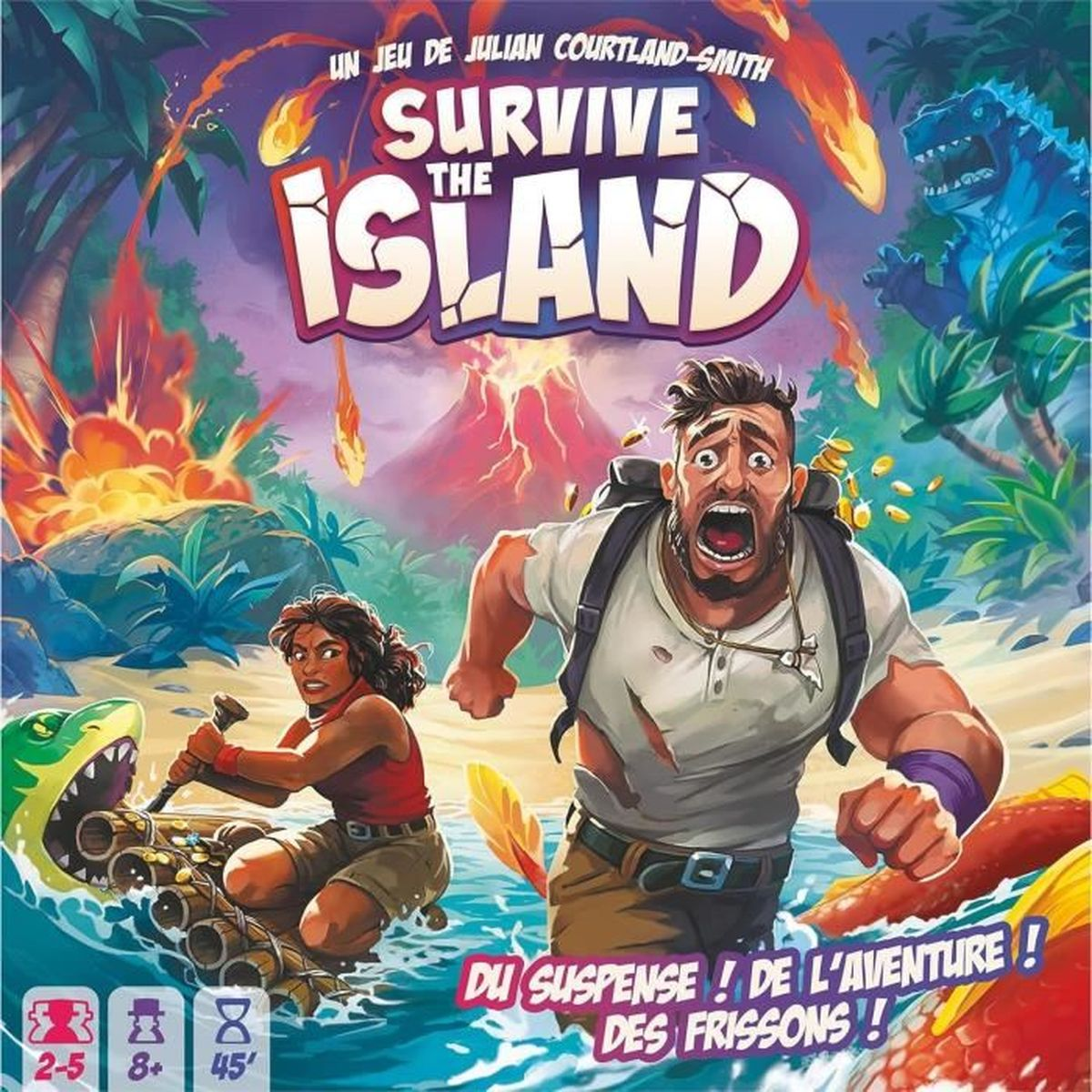 Couverture de jeu de société : Des gens fuient un volcan, un dinosaure et un requin. Le jeu s'appelle Survive The Island.