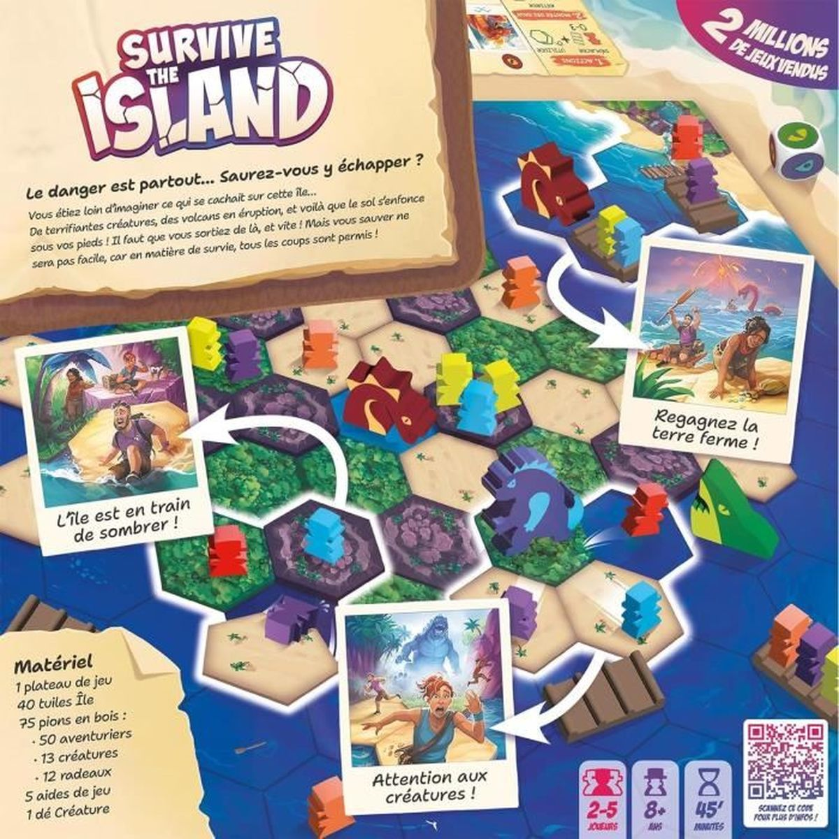 Jeu de société 'Survive the Island'. Tuiles hexagonales, pions en bois, cartes et images de personnes et de créatures.