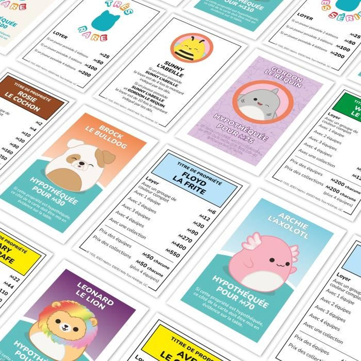 Collezione di carte di proprietà Squishmallow di un gioco da tavolo, con animali dei cartoni animati e valori immobiliari.