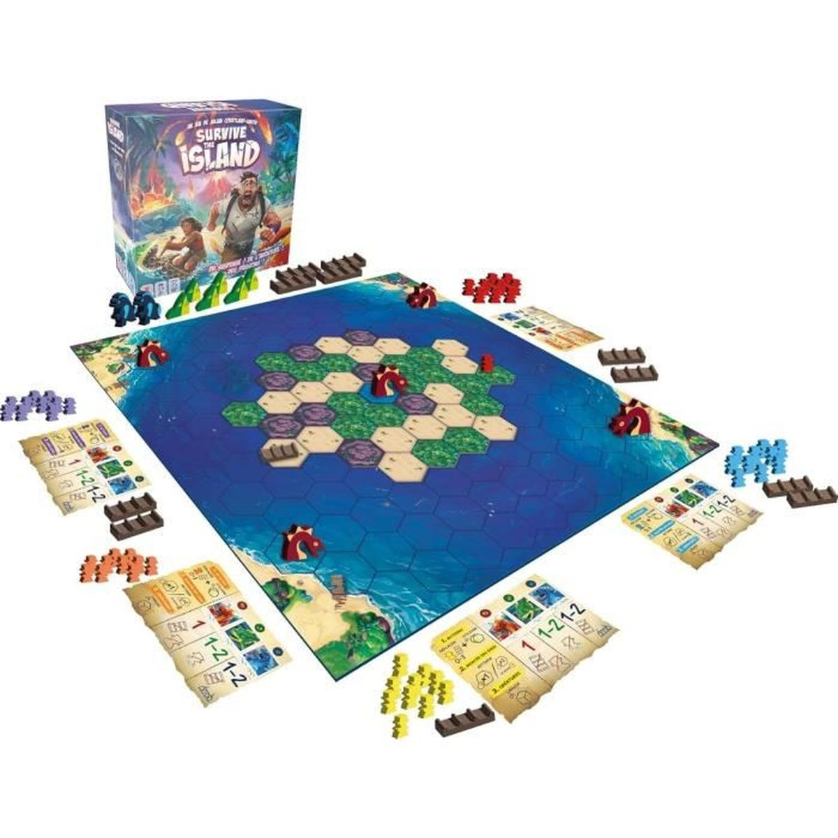 Un jeu de société, 'Survive: Escape from Atlantis!', est présenté. Il comprend un plateau avec des îles, des pions et des cartes.