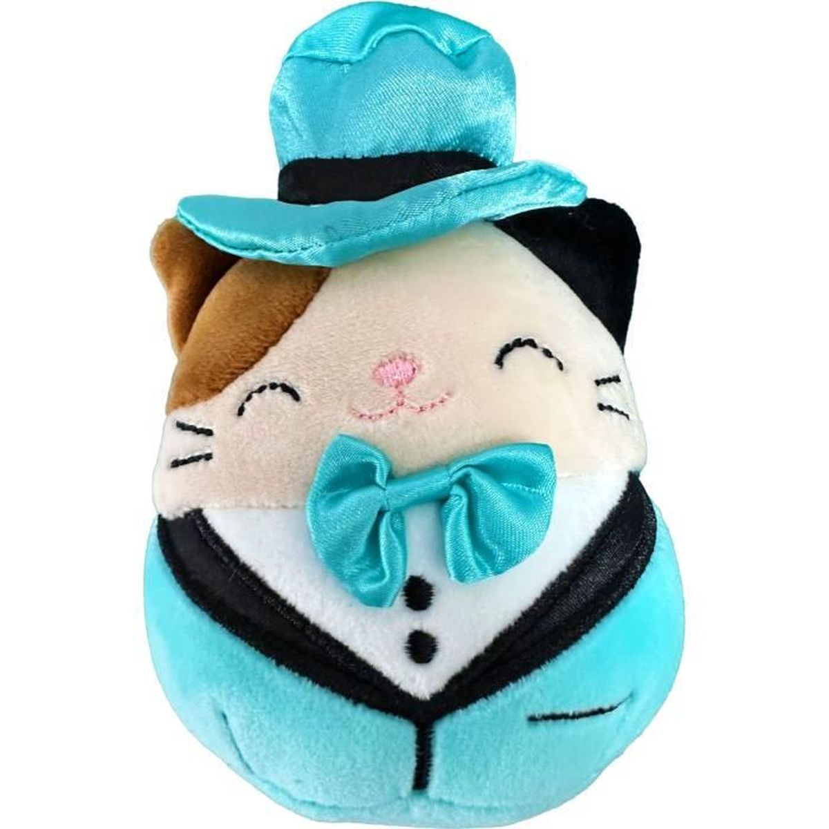 Un gatto di peluche con cilindro e papillon turchese. Ha un viso bianco, un orecchio marrone e un corpo bianco e nero. Sorridente.