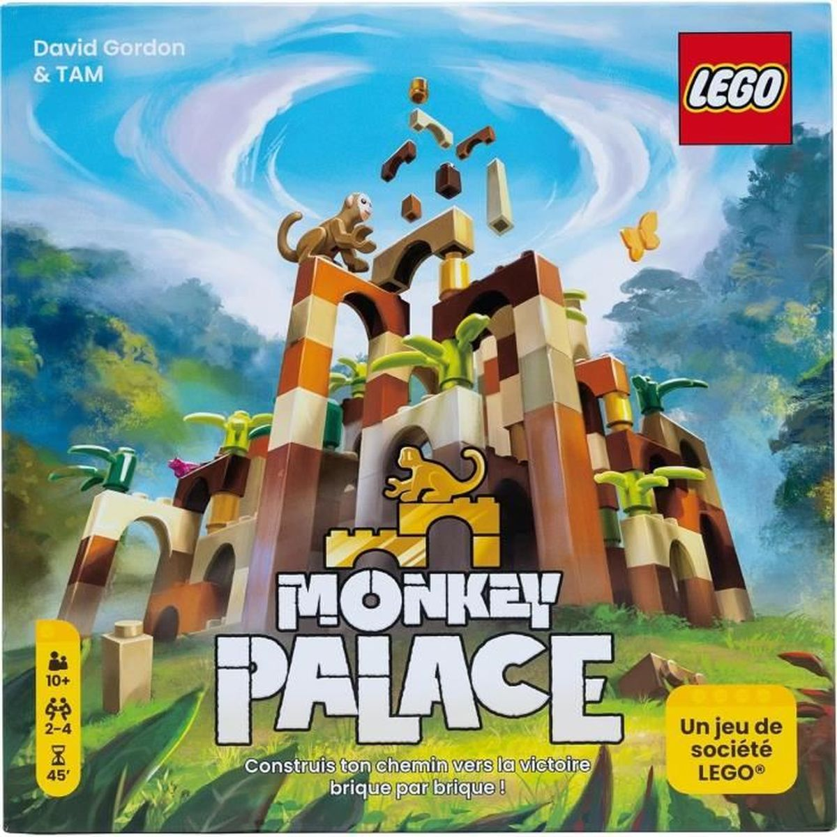 LEGO Monkey Palace doos. Bevat aap, paleis van blokken en LEGO logo. Tekst: 'Bouw je weg naar de overwinning steen voor steen!'