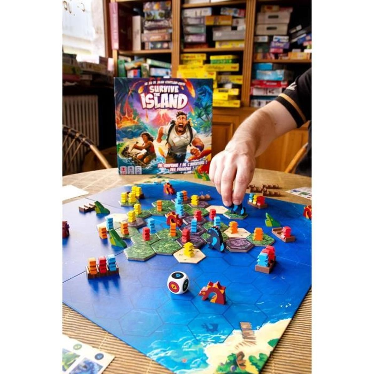 Une personne joue à un jeu de société appelé Survive Island. Le plateau montre une île avec des figurines en bois et un dé.