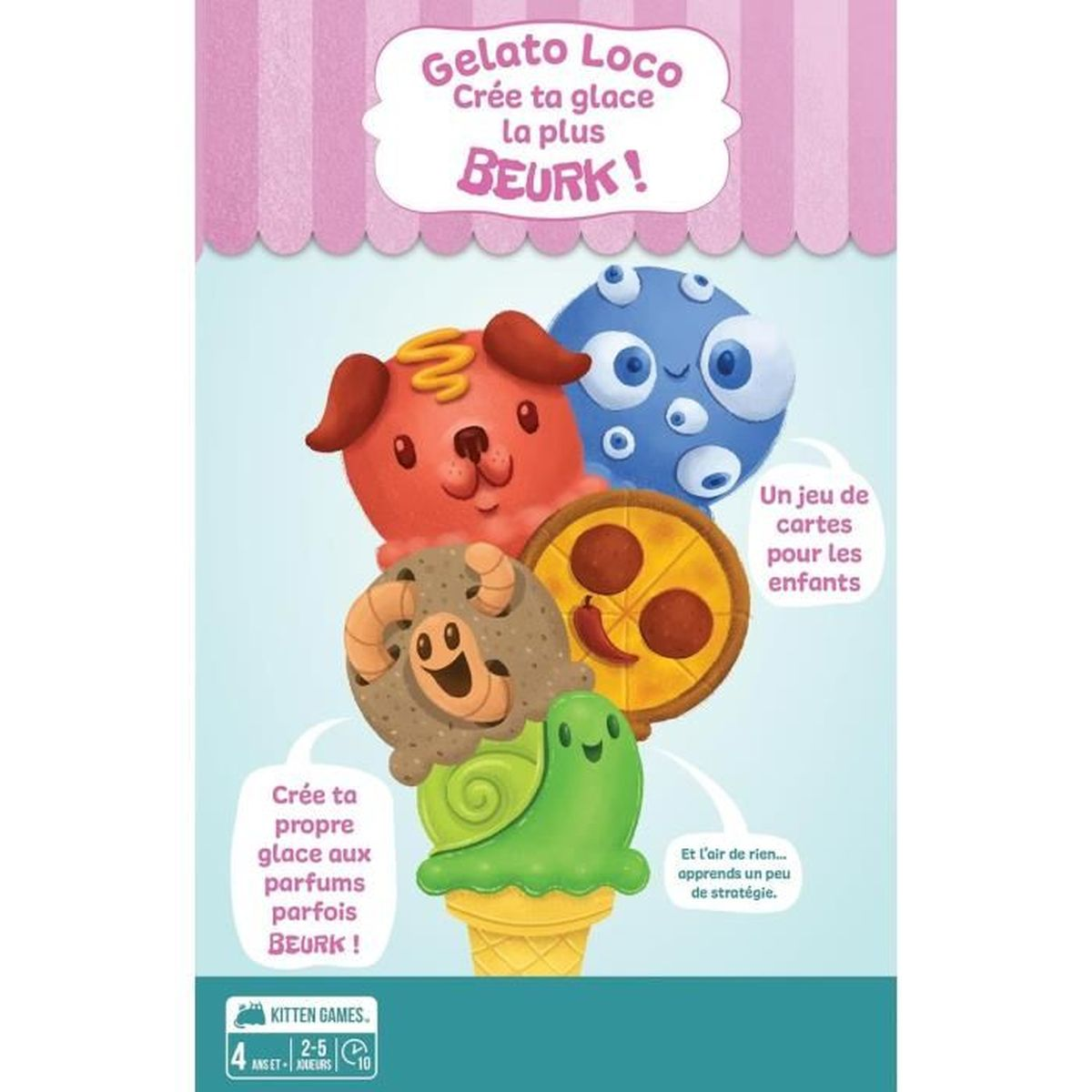 Illustration einer Eistüte mit verschiedenen Geschmacksrichtungen. Die Geschmacksrichtungen sind Zeichentricktiere und -objekte. Text oben: 'Gelato Loco'.