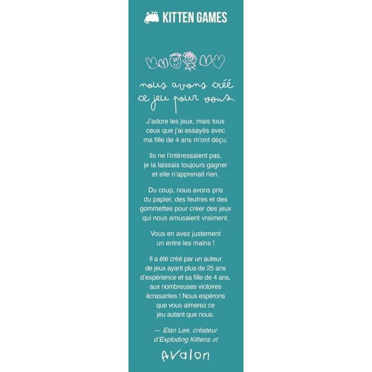 Ein vertikales türkisfarbenes Banner mit weißem Text. Oben steht 'Kitten Games', gefolgt von einer handschriftlichen Nachricht über die Erstellung eines Spiels.