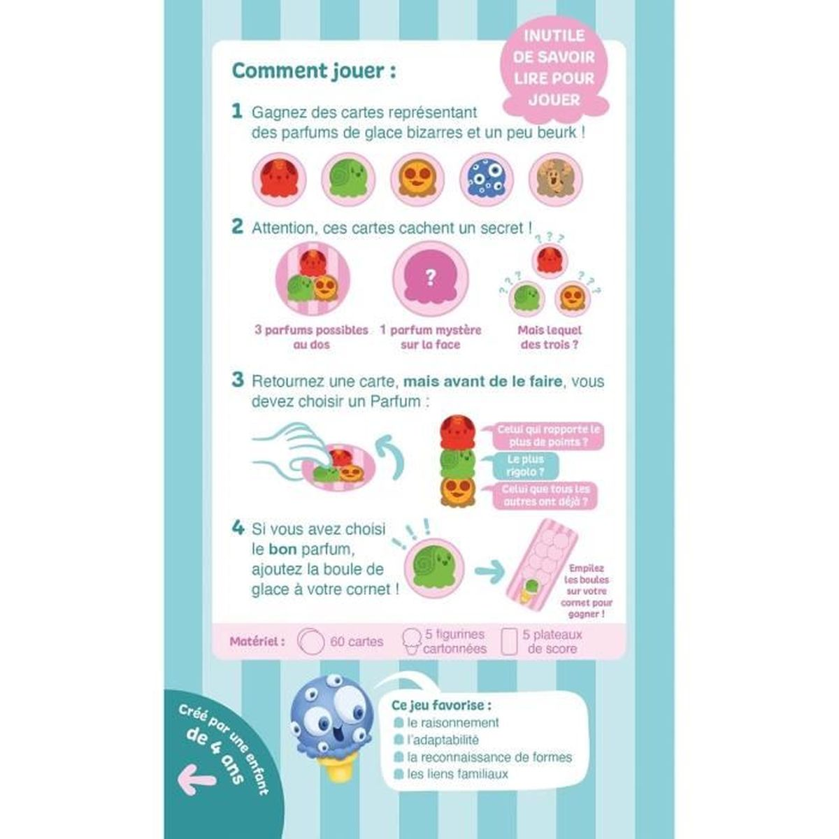 Spielanleitung mit Eiscreme-Aromen, Karten und Kegeln. Text auf Französisch, mit Illustrationen von Karten und Eiscreme.