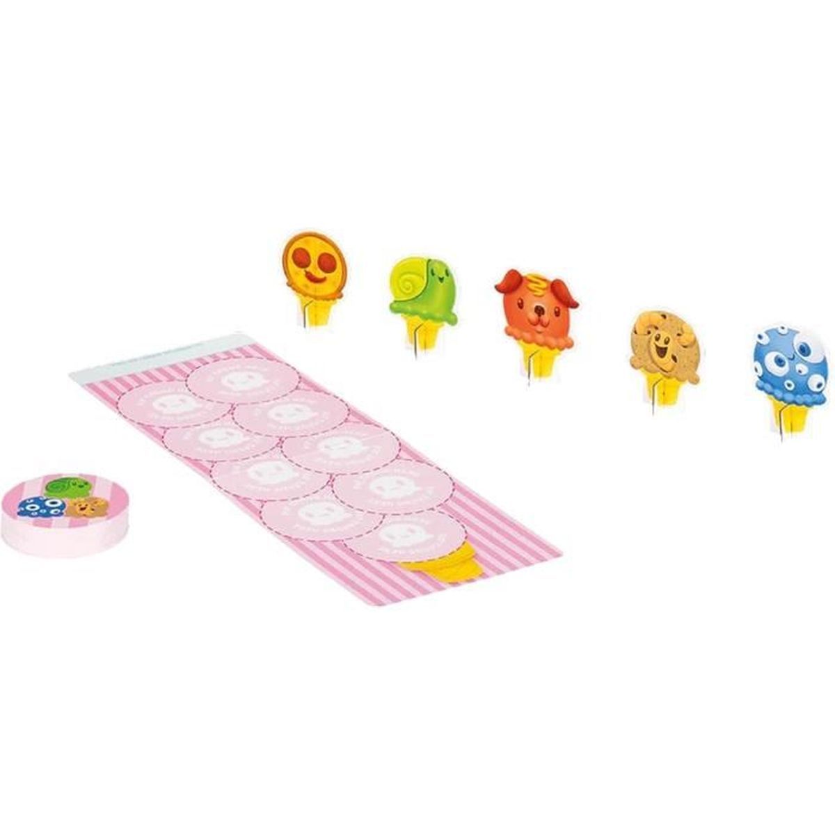 Verschiedene Spielzeug-Eistüten mit Tiergesichtern sind mit einem rosa Papier mit Kreisen darauf und einem runden Spielzeug angeordnet.