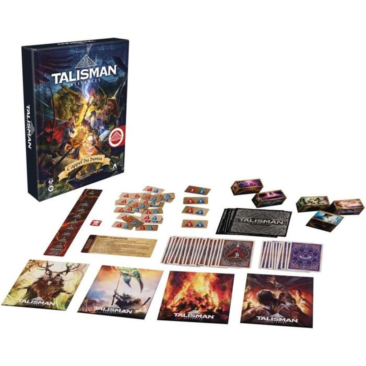 Talisman-Brettspiel-Set. Enthält eine Spielbox, Karten, Spielsteine und Spielbretter mit Illustrationen von Fantasy-Szenen.