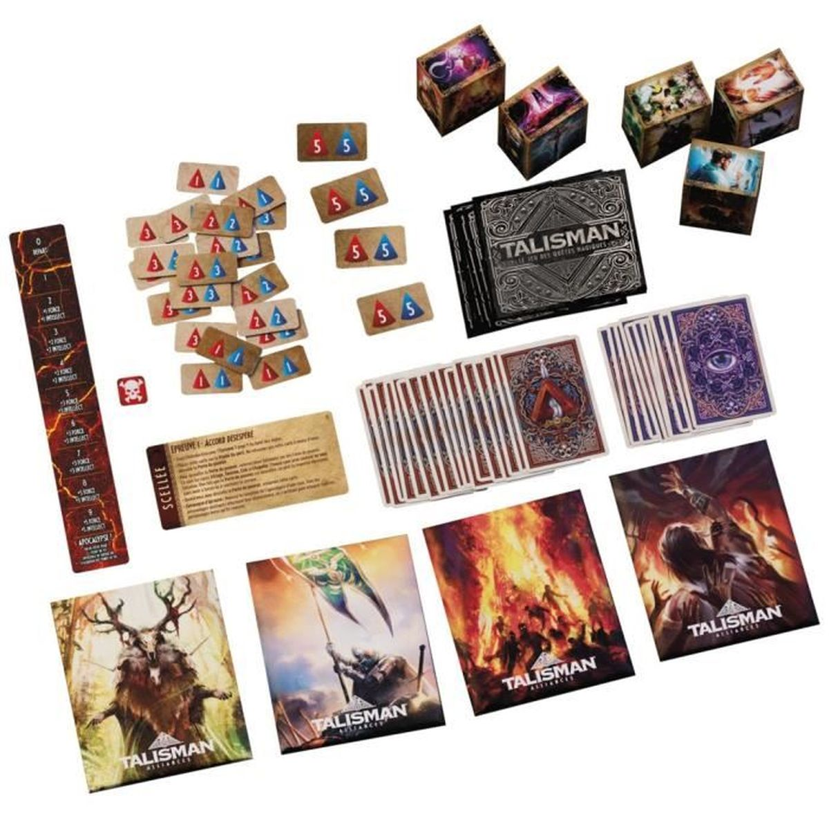 Brettspielkomponenten: Karten, Spielsteine, Würfel und Regelbücher. Das Talisman-Spiel ist sichtbar mit Bildern von Charakteren und Spielelementen.