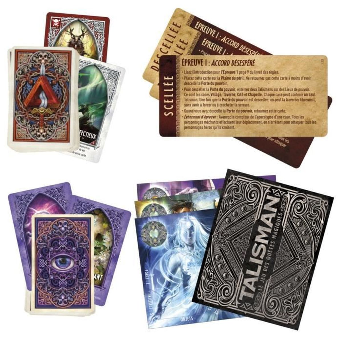 Karten und Spielkomponenten sind verteilt. Karten haben Symbole, Text und Illustrationen. Einige Karten sind verdeckt.