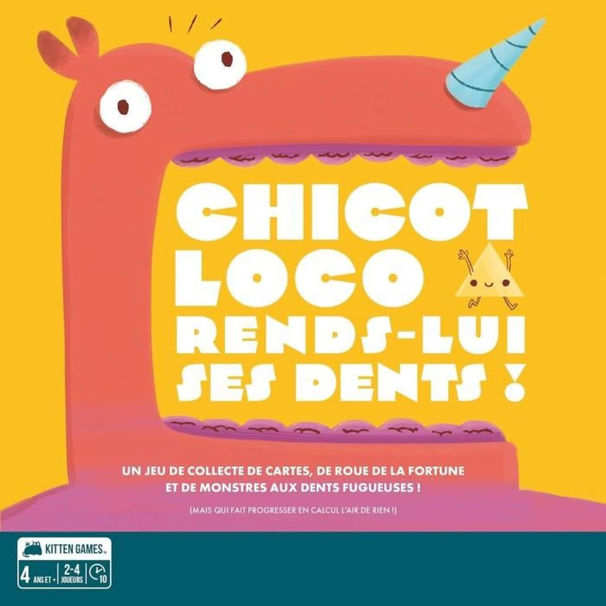 Spielkasten. Ein rosa Monster mit blauem Horn und dem Spieletitel 'Chicot Loco'. Gelber Hintergrund mit Spieldetails.