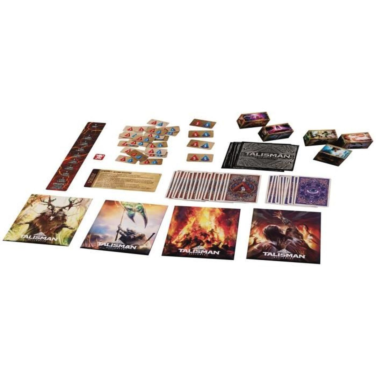 Brettspiel Talisman mit Karten, Spielsteinen und Würfeln. Karten haben Fantasy-Kunst. Verschiedene Spielkomponenten sind auf einer weißen Oberfläche angeordnet.