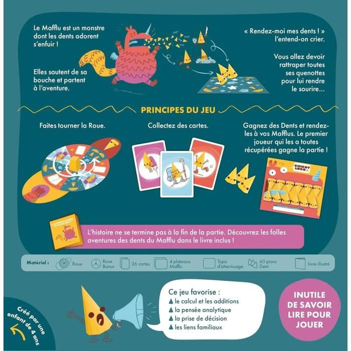 Spielillustration mit Monster, Zähnen, Karten und Spielanweisungen. Enthält ein Rad, Karten und ein Buch. Text auf Französisch.