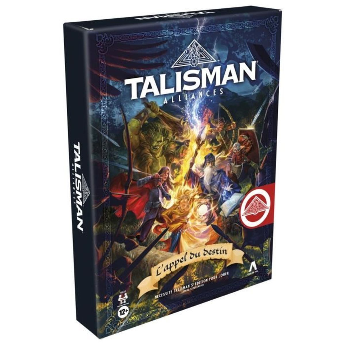 Schachtelkunst für das Spiel Talisman Alliances. Enthält eine illustrierte Fantasy-Kampfszene mit Titeltext. Enthält den französischen Titel 'L'appel du destin'.