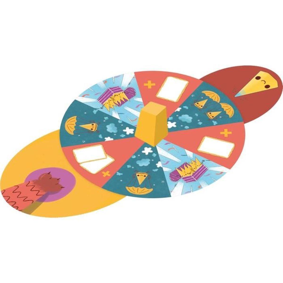 Ein Spielbrett mit Pizzaschnitte-Illustrationen, einem gelben Kegel und einem roten Kreis. Das Brett hat verschiedene farbige Abschnitte mit verschiedenen Symbolen.