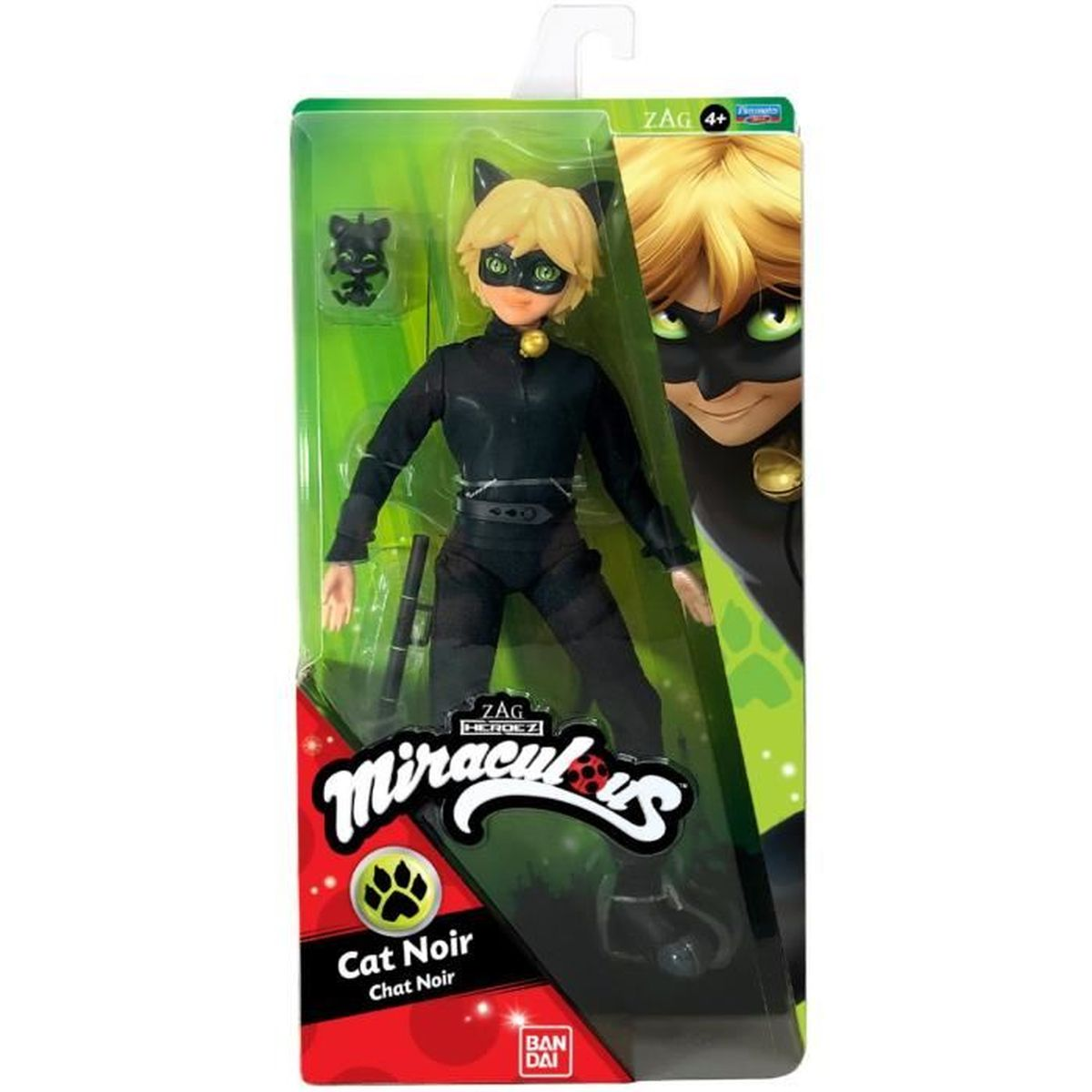 Cat Noir-Actionfigur in Verpackung. Die Figur ist schwarz und gold, mit Maske und Katzenohren. Die Verpackung hat das Miraculous-Logo.