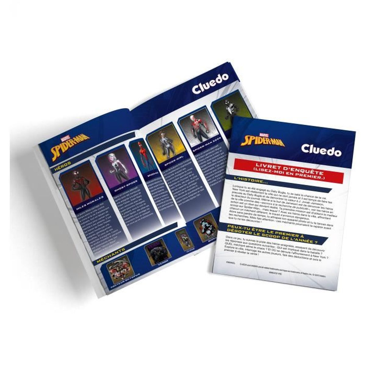 Juego de mesa Cluedo. Abierto con personajes de Spider-Man. Los héroes incluyen a Miles Morales y Spider-Girl. El texto está en francés.