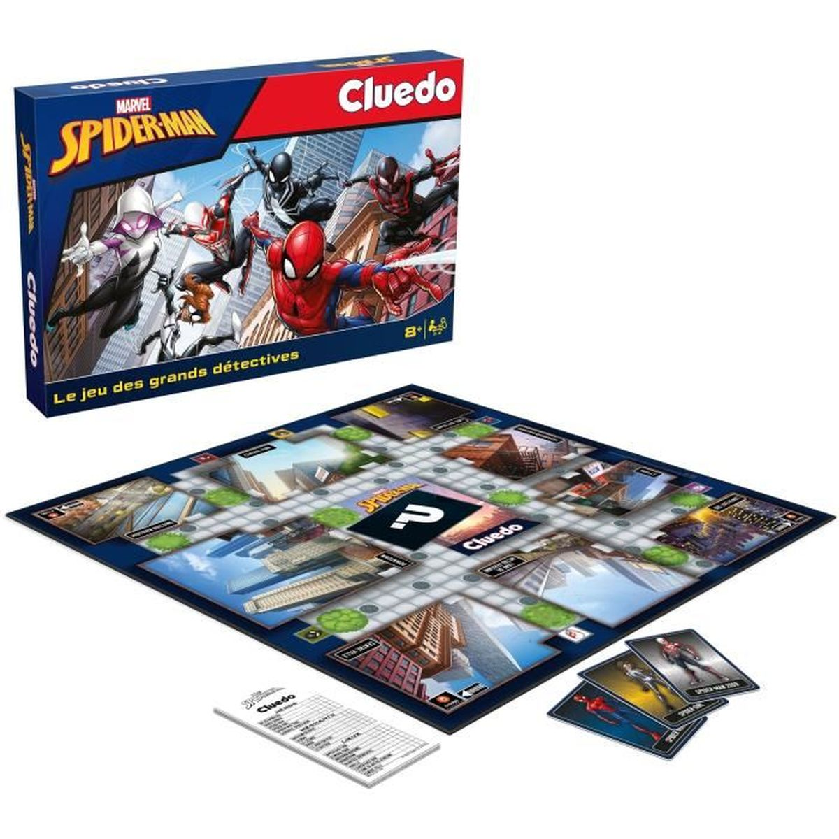 Un juego de Cluedo con temática de Spider-Man. La caja muestra personajes de Spider-Man. Tablero, cartas y bloc de notas presentes.