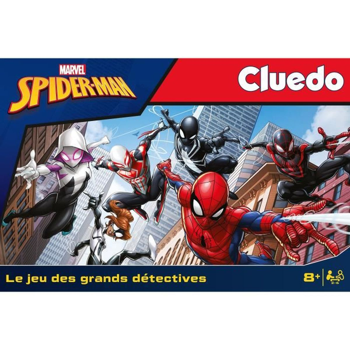 Caja del juego de mesa Marvel Spider-Man Cluedo. Múltiples personajes de Spider-Man en poses de acción. Edificios de la ciudad.