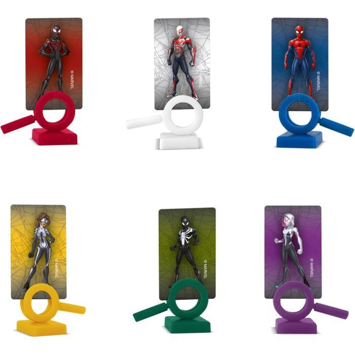 Seis figuras de personajes Marvel en tarjetas con lupas. Cada figura es una variante diferente de Spider-Man.