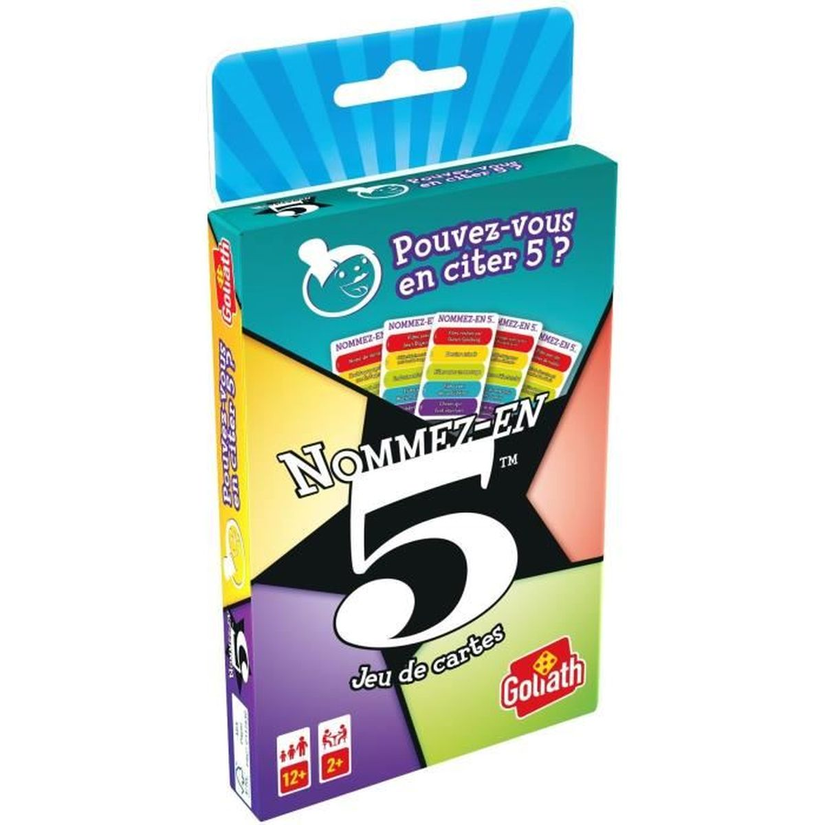 Eine Spielbox mit dem Titel 'Nommez-en 5', mit der Zahl 5 prominent dargestellt. Es hat ein farbenfrohes Design und das Goliath-Logo.