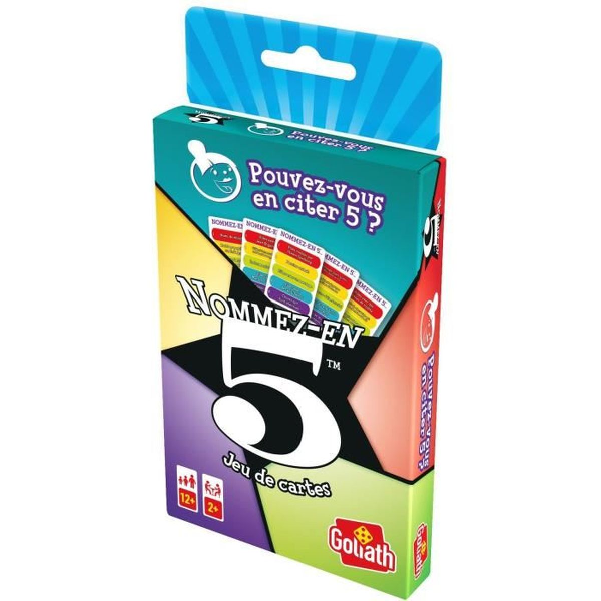 Eine Spielbox mit dem Titel "Nommez-en 5". Es zeigt die Zahl 5 prominent, mit Text auf Französisch. Die Box ist grün und lila.