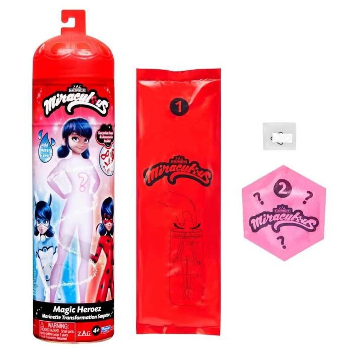 Ein Miraculous Ladybug Spielzeugset mit einem roten Behälter, einer roten Verpackung und einer rosa sechseckigen Verpackung mit Fragezeichen.