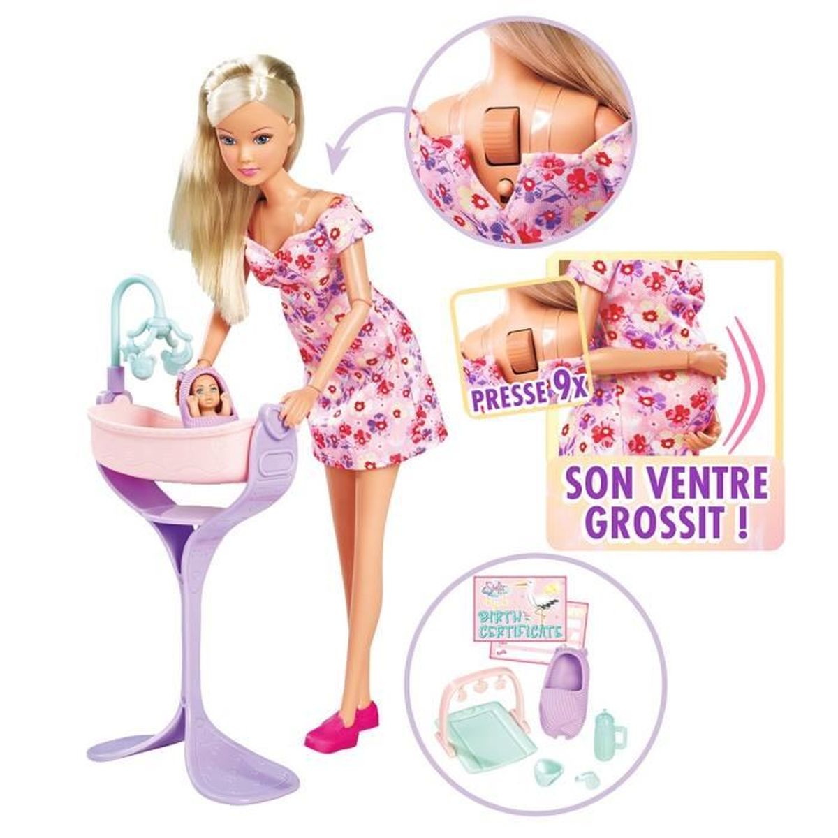 Eine Puppe mit Baby, Krippe und Zubehör. Der Bauch der Puppe kann sich vergrößern. Die Szene umfasst eine Geburtsurkunde.