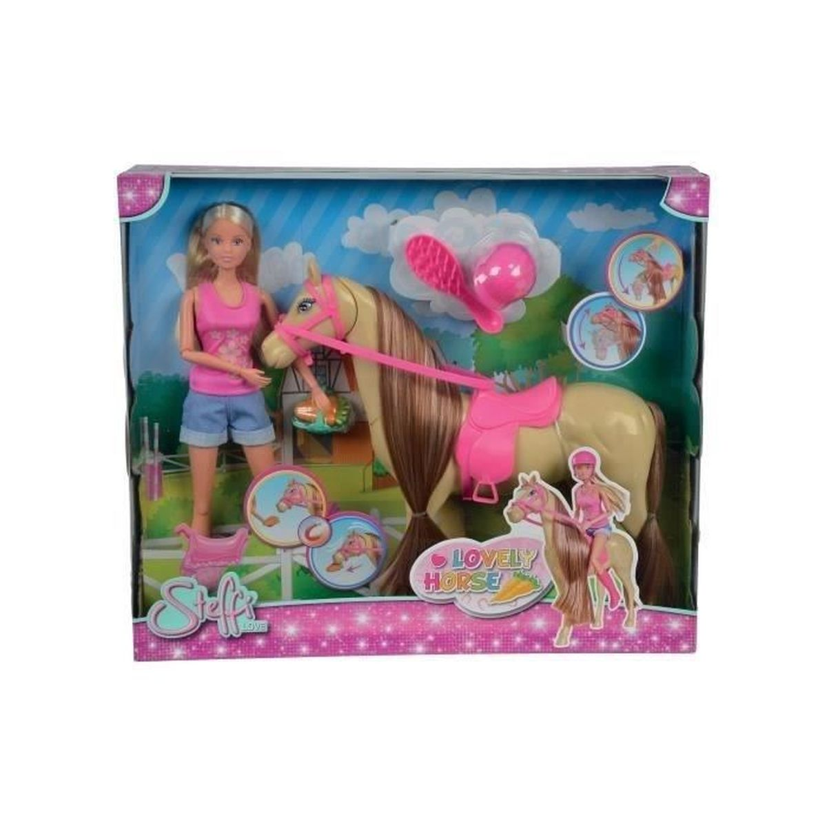 Ein Spielzeugset mit einer Puppe, einem Pferd und Zubehör. Die Schachtel ist rosa und blau, mit dem Schriftzug 'Lovely Horse'.