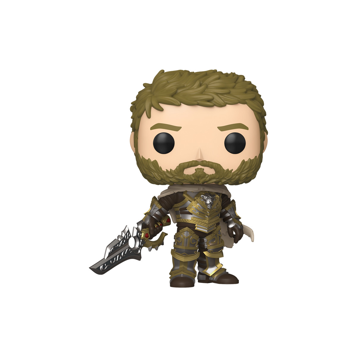 Figurka Funko Pop wojownika w zbroi, trzymającego duży miecz. Figurka ma brodę i krótkie włosy, na białym tle.