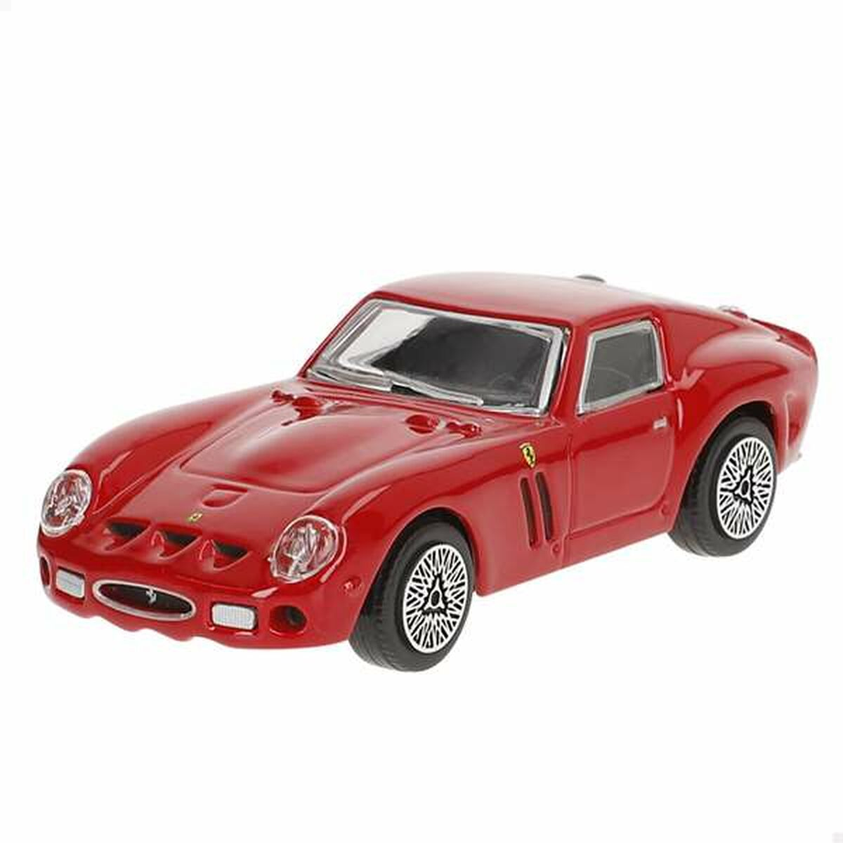 Un coche de juguete Ferrari rojo sobre fondo blanco. Tiene un diseño clásico con faros redondos y ruedas de radios. El coche está en buen estado.