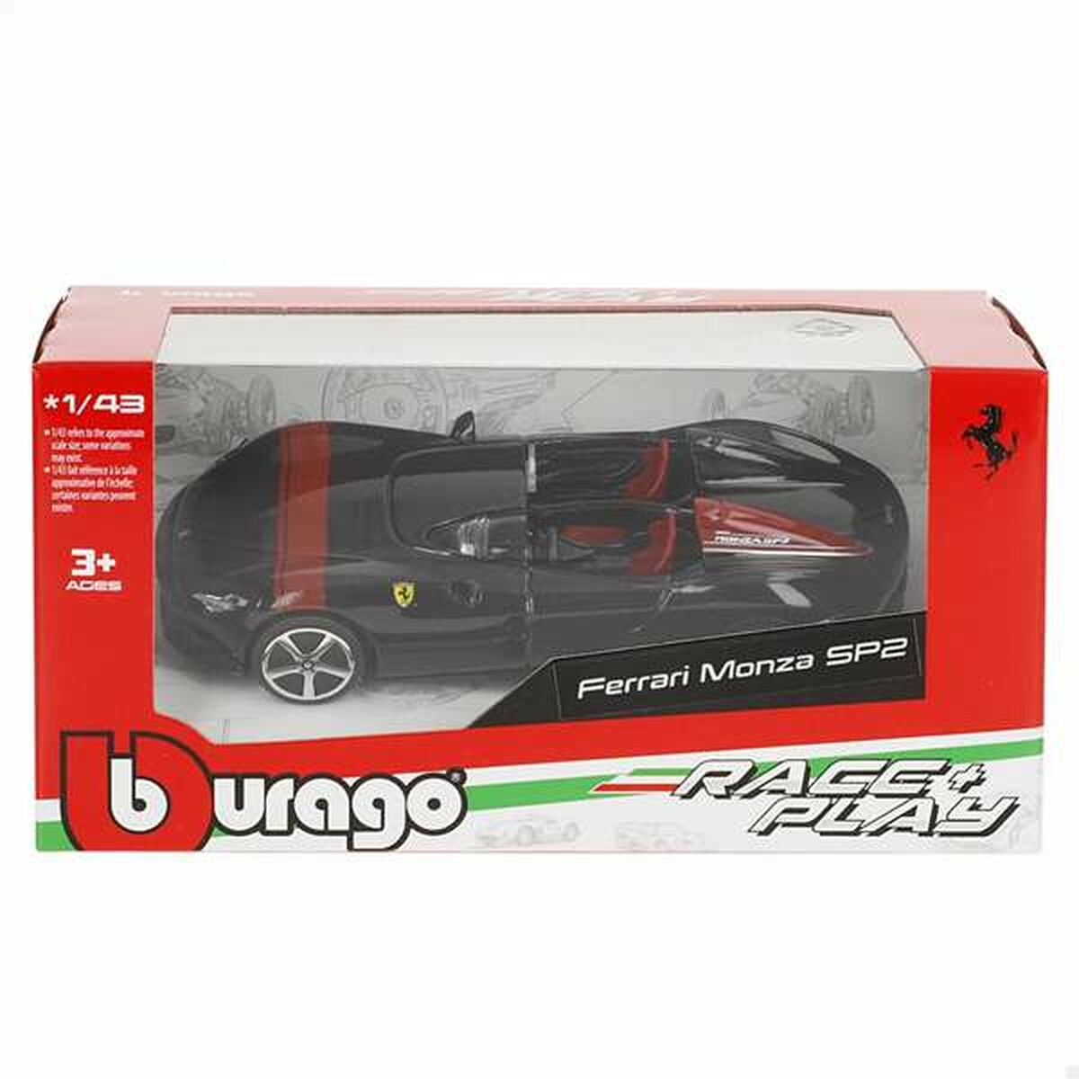 Un coche modelo Ferrari Monza SP2 de Bburago en una caja expositora. El coche es negro con una franja roja. La caja es roja y blanca.