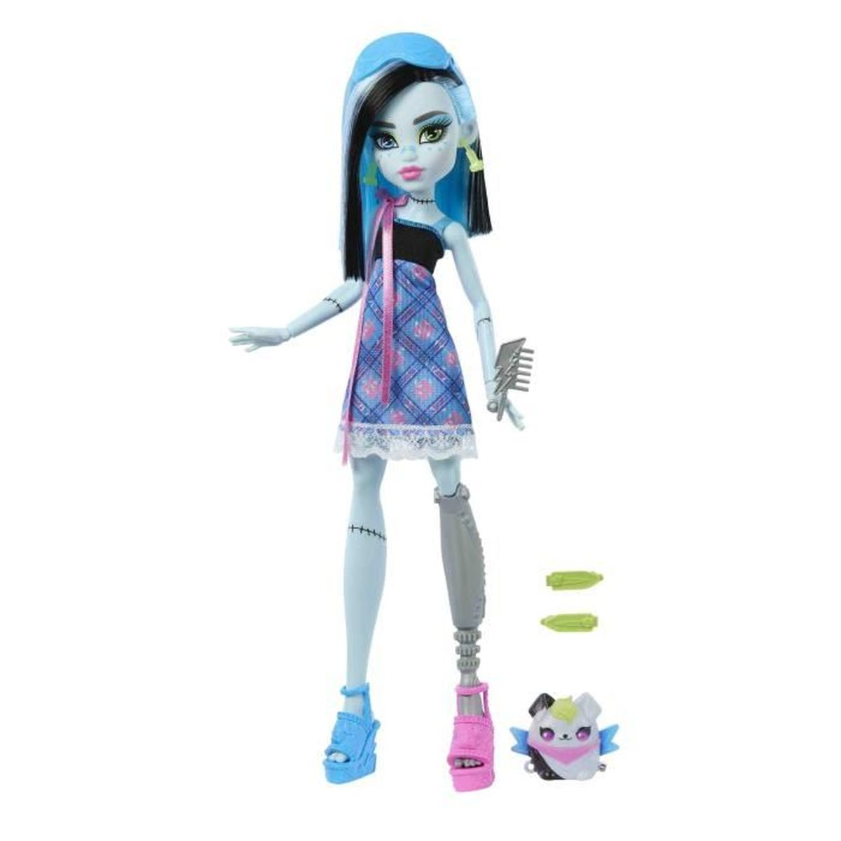 Eine Monster High-Puppe mit blauer Haut, blau-schwarzem Haar und einem karierten Kleid. Zubehör: Kamm, Haustier und Plateauschuhe.