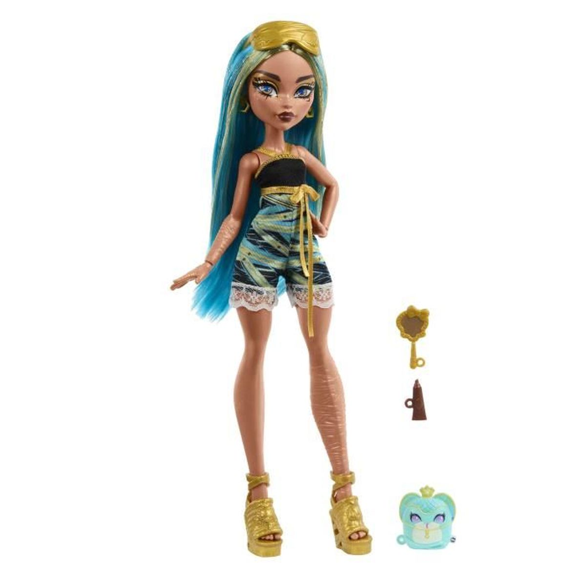 Eine Puppe mit blauen Haaren, einem goldenen Stirnband und einem schwarzen Oberteil. Sie trägt Shorts und goldene Schuhe. Zubehör umfasst einen Schlüssel und eine Handtasche.