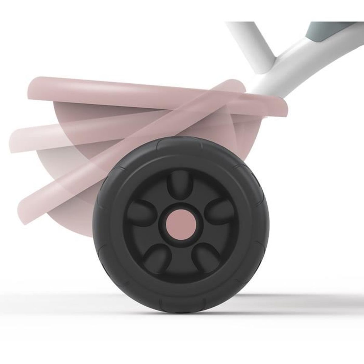 Nahaufnahme eines Kinderwagenrads. Ein schwarzes Rad mit rosa Mitte. Rosa Kinderwagen-Rahmenteile. Weißer und grauer Griff.