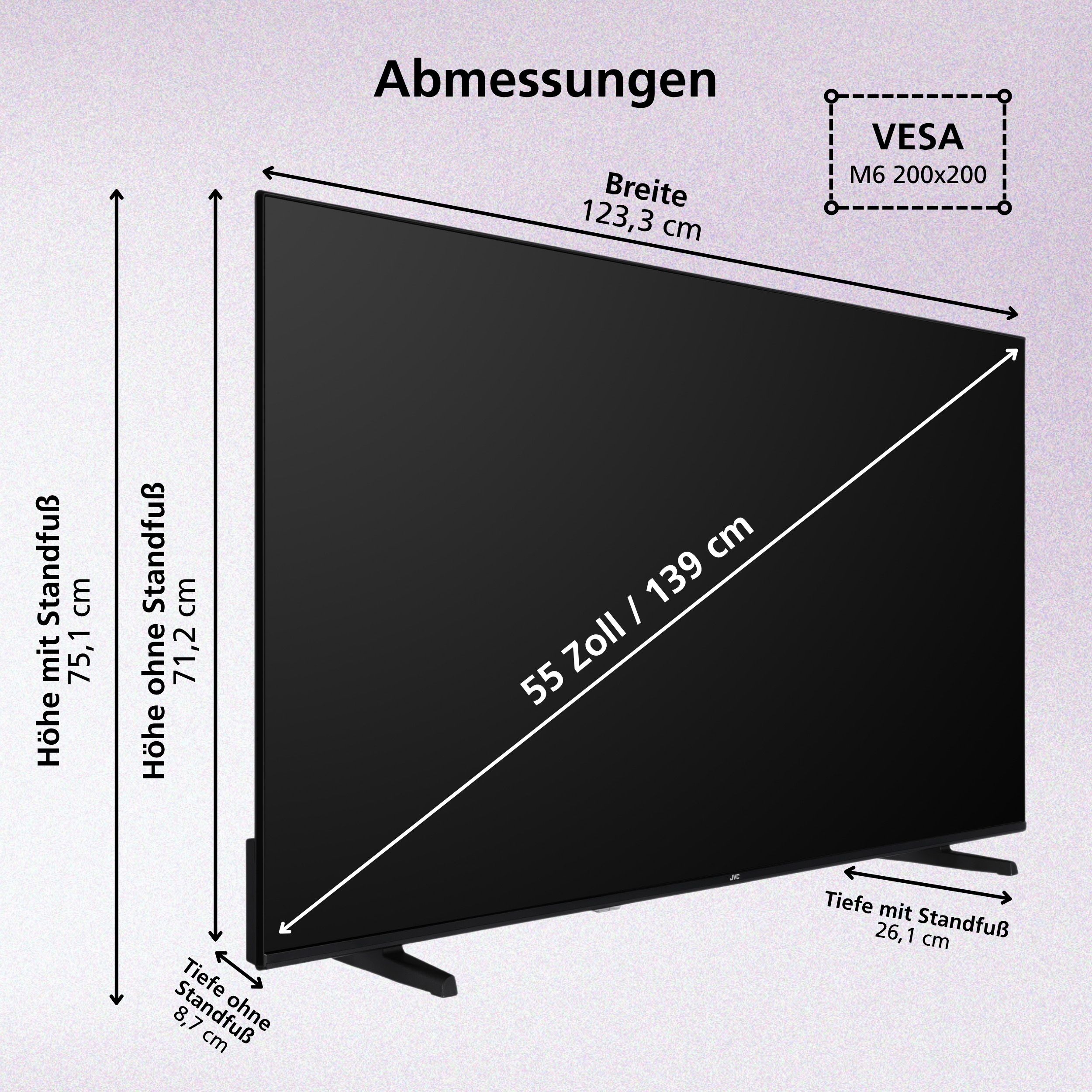 Ein schwarzer Fernseher mit Größenangaben auf weißem Hintergrund. Er hat einen Ständer und der Bildschirm ist 55 Zoll groß.