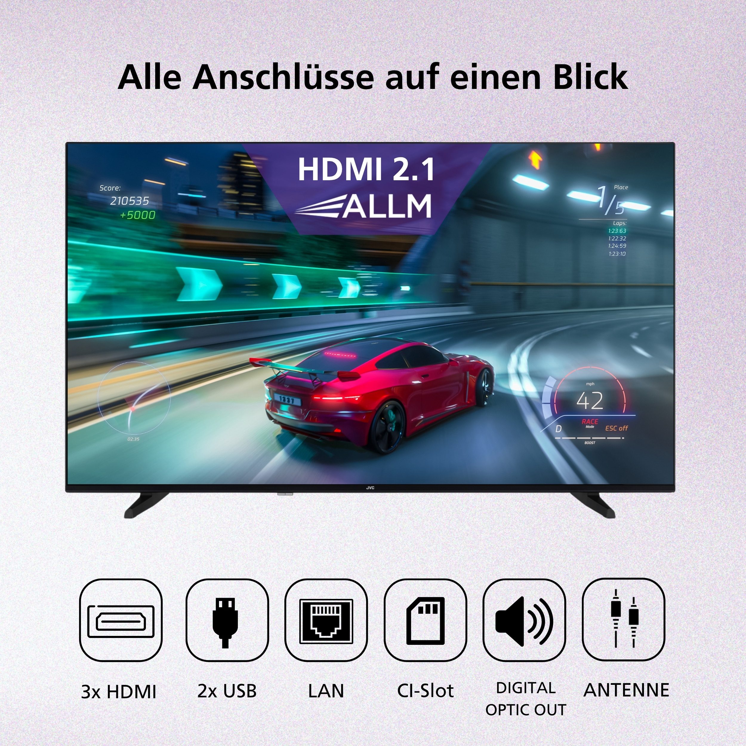 Ein Fernsehbildschirm zeigt ein Autorennen. Darunter befinden sich Symbole für HDMI, USB, LAN, CI-Slot, Digital Optic Out und Antenne.