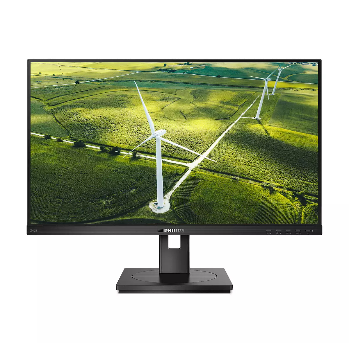 Un monitor Philips mostra un campo di mulini a vento. Il monitor ha una cornice e un supporto neri su sfondo bianco.