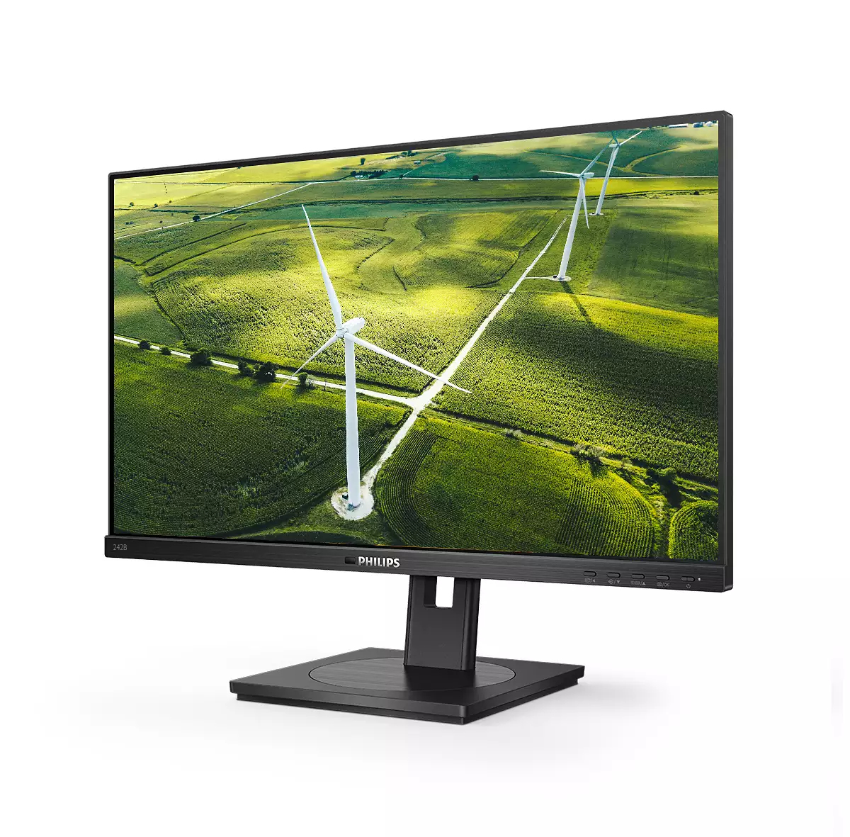 Un monitor Philips mostra un campo verde con turbine eoliche. Il monitor è nero, su un supporto nero e ha il logo Philips.