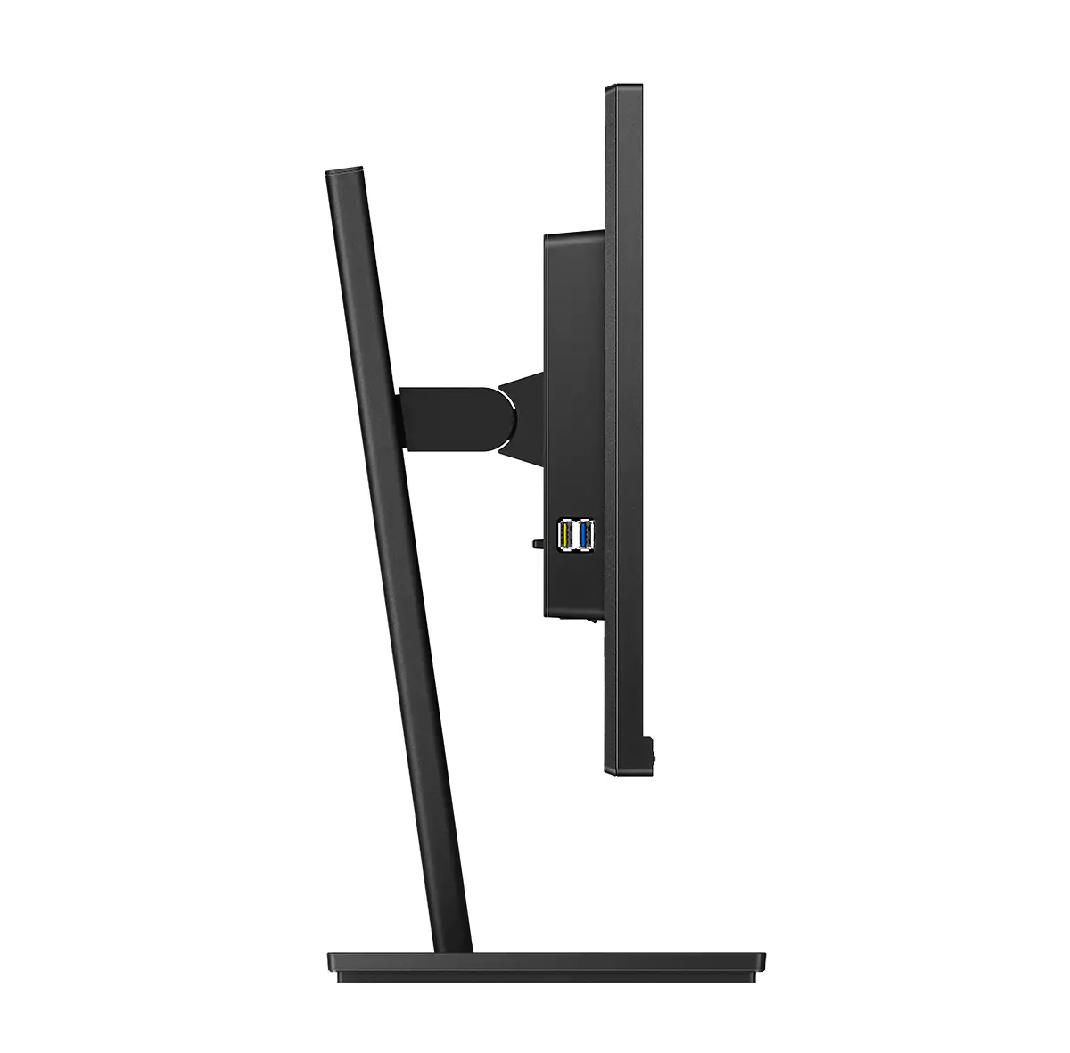 Un monitor di computer nero visto di lato. Ha un supporto e varie porte visibili. Lo sfondo è bianco.