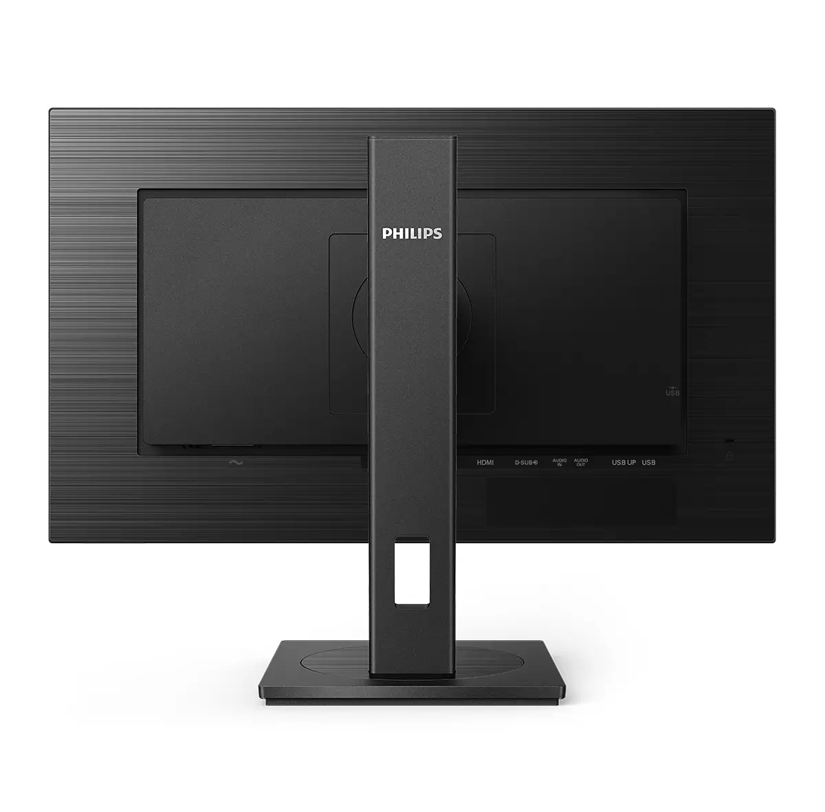 Vista posteriore di un monitor Philips nero. Ha un supporto e varie porte etichettate HDMI, D-SUB, AUDIO IN/OUT, USB UP, USB.