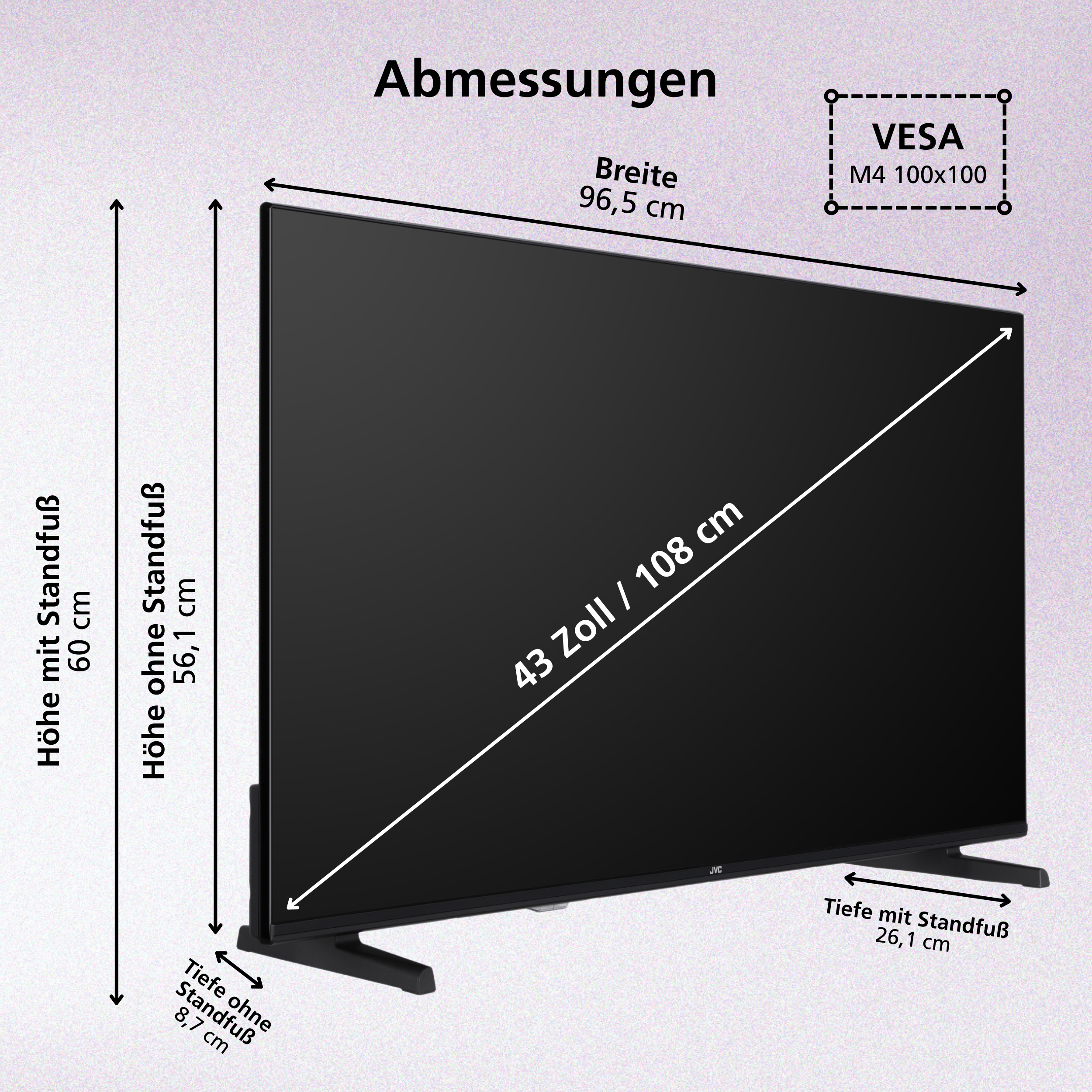 Ein schwarzer Fernsehbildschirm mit Abmessungen und Spezifikationen. Maße umfassen Breite, Höhe und Standfüße.