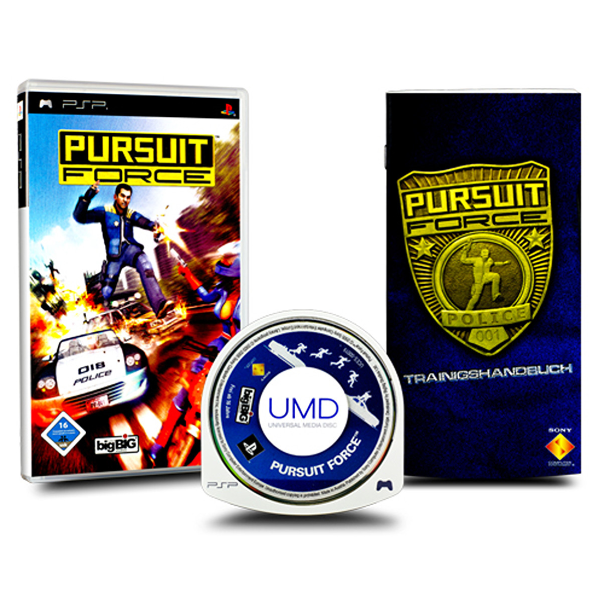 PSP-Spielbox, UMD-Disc und Handbuch für Pursuit Force. Box zeigt Polizeiauto und Figur. Disc zeigt laufende Figuren.