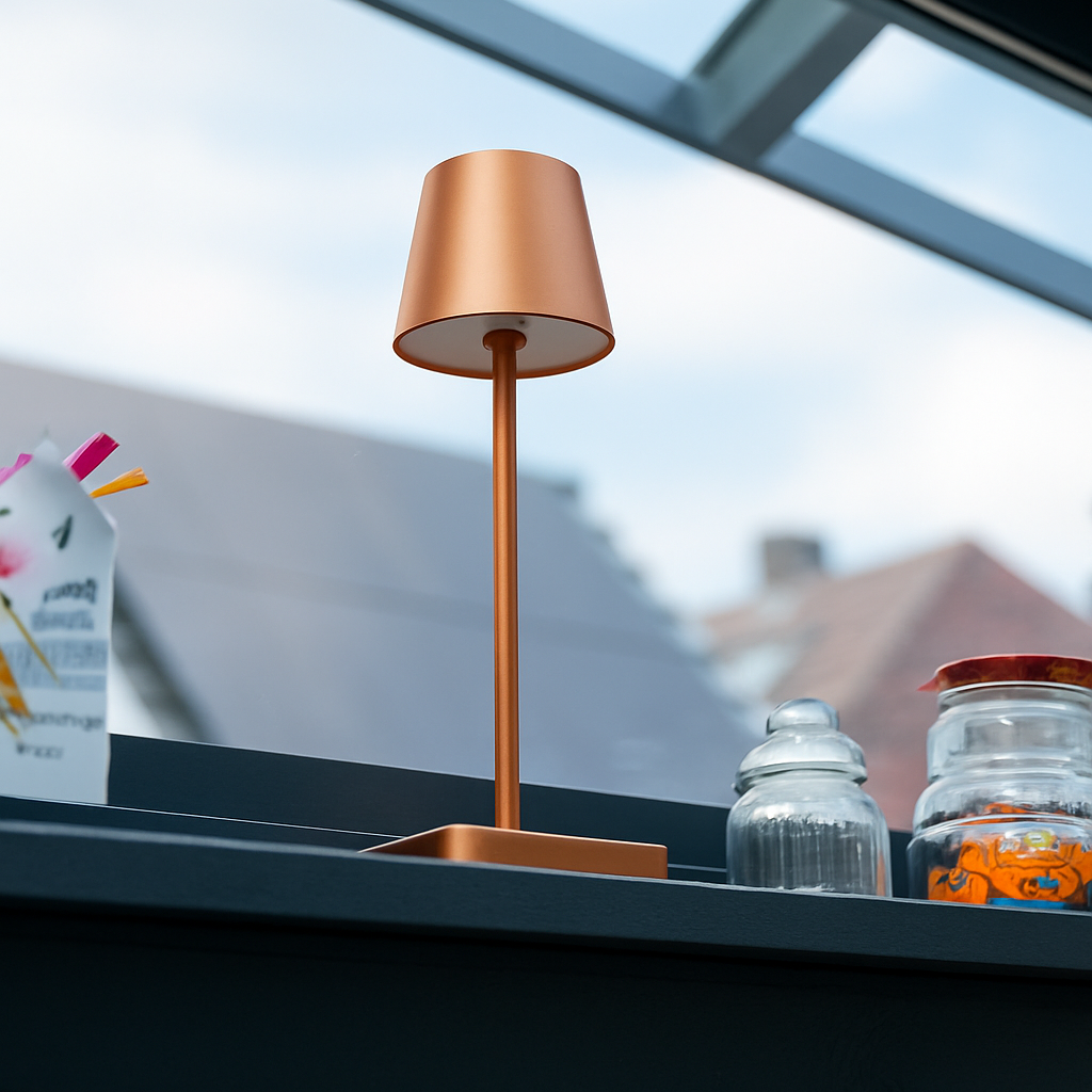 Een koperkleurige lamp staat op een donkere plank bij een raam. Potten en kleurrijke objecten op de plank. Gebouwen zijn buiten zichtbaar.