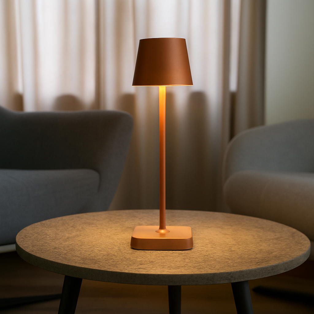 Een koperkleurige lamp op een tafel. Een lampenkap zit op een dunne steel. Twee fauteuils en gordijnen op de wazige achtergrond.